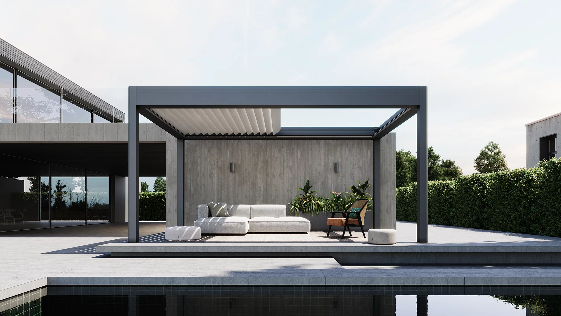 bioklimatická pergola s hliníkovou konštrukciou na terase